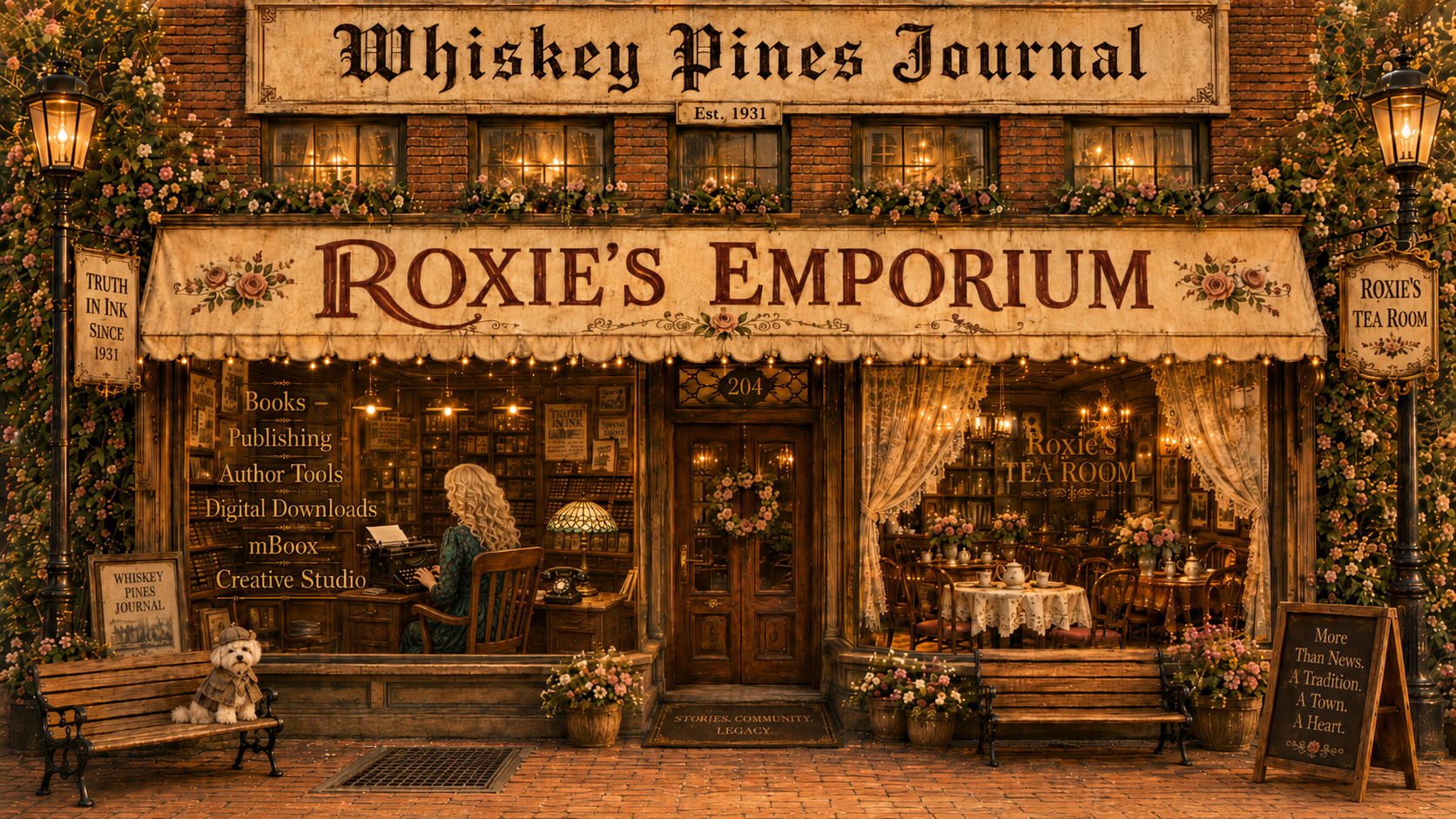 Roxie's Emporium and Whiskey Pines Journal storefront, with books, publishing services, author tools, digital downloads, mBoox, and Roxie's Tea Room